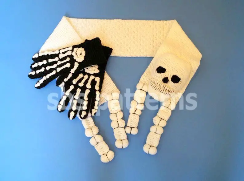 Halloween skeleton scarf and bones gloves crochet pattern